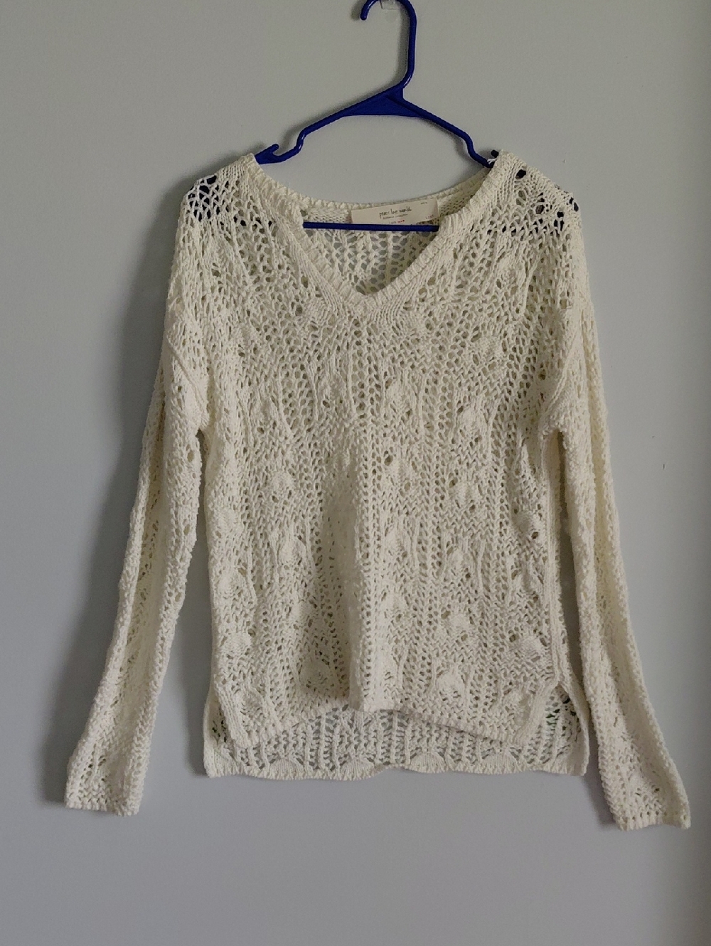 Boheme Crochet Open Knit  Off White Cotton V Neck Sweater